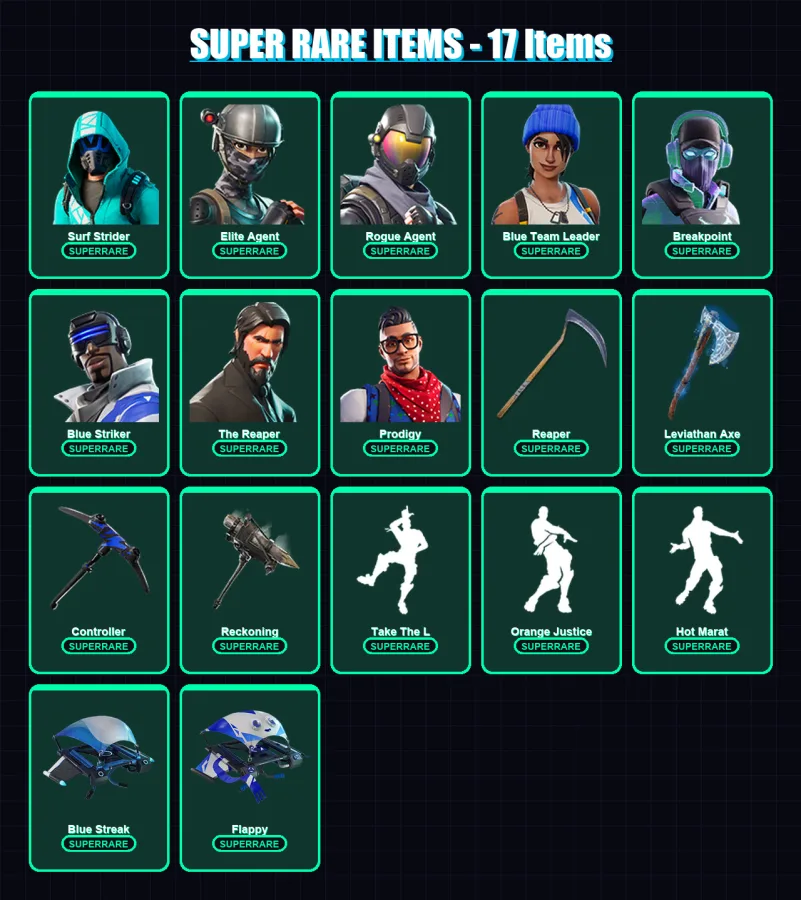 [PC/XBOX] | Surf Strider | Elite Agent | Rogue Agent | Blue Team Leader | Breakpoint | 128 skin | 124 pickaxe | 106 emote | 117 glider | Lv1813