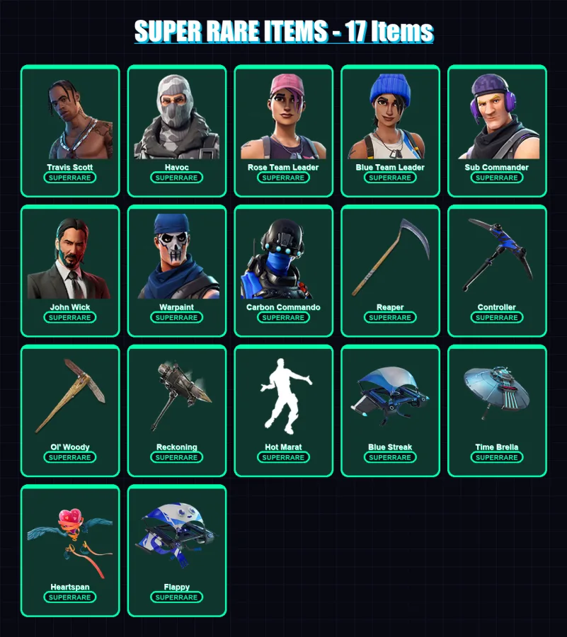 [PC/XBOX/PSN] | Travis Scott | Havoc | Rose Team Leader | Blue Team Leader | Sub Commander | 66 skin | 69 pickaxe | 75 emote | 75 glider | Lv808
