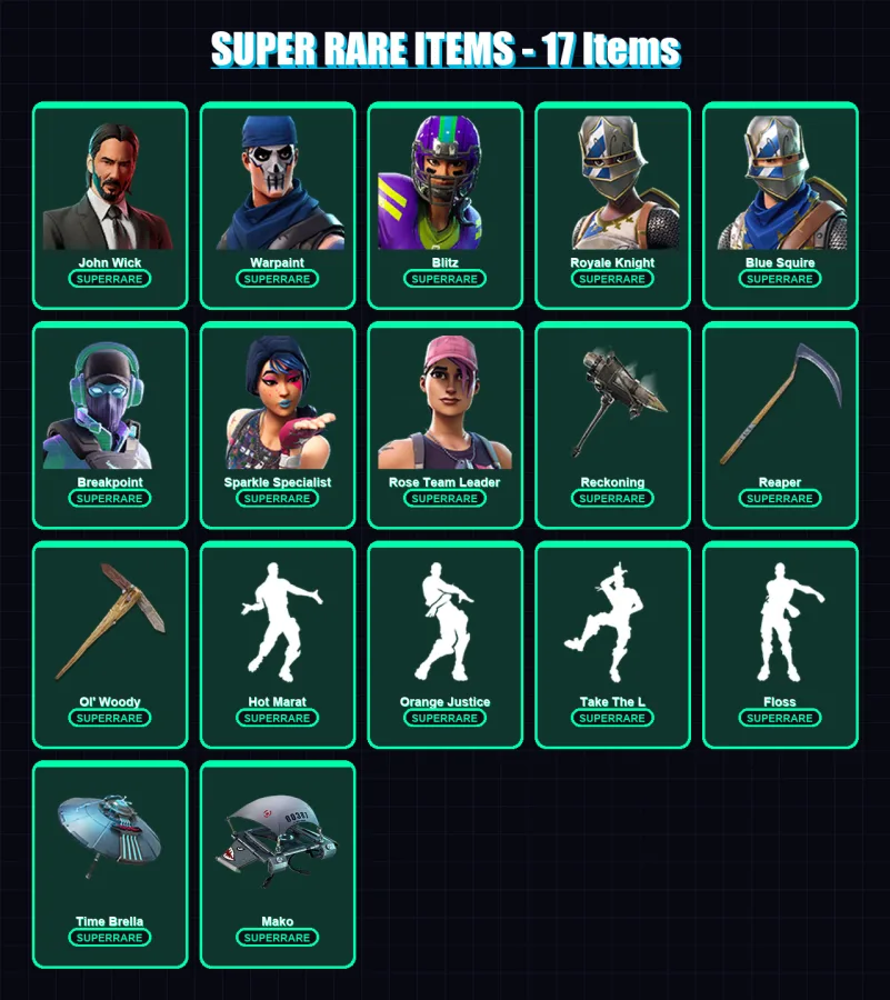 [PC/XBOX] | John Wick | Warpaint | Blitz | Royale Knight | Blue Squire | 132 skin | 75 pickaxe | 126 emote | 86 glider | Lv1020 — Fortnite account