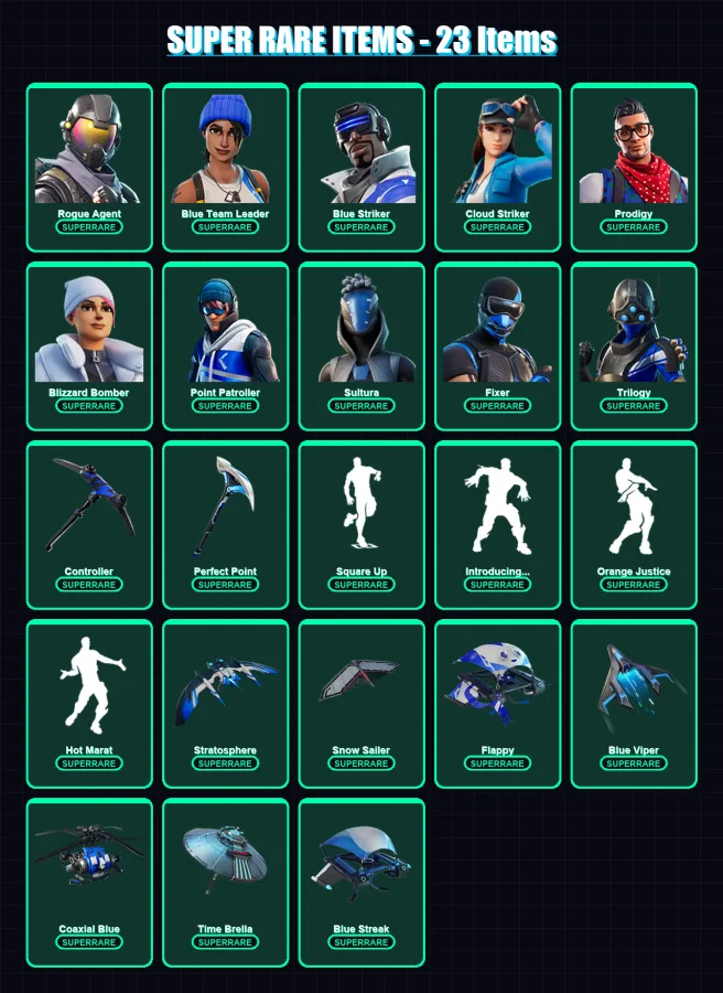 [PS4/PS5/XBOX/PC] | Rogue Agent | Cobalt Snowfoot | Omega | Blue Team Leader | Blue Striker | 136 skin | 154 pickaxe | 165 emote | 138 glider | Lv18