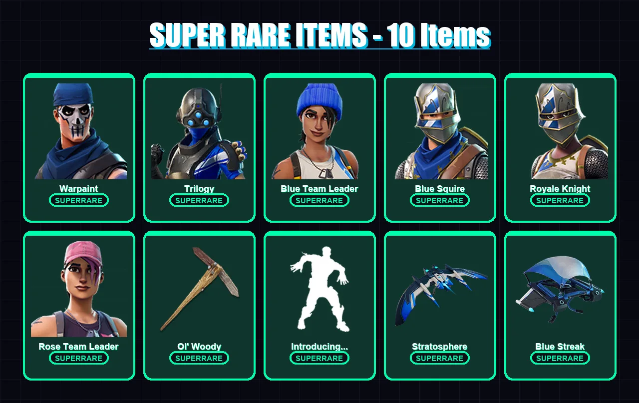 [PS4/PS5/XBOX/PC] | Warpaint | Trilogy | Blue Team Leader | Blue Squire | Royale Knight | 72 skin | 84 pickaxe | 81 emote | 88 glider | Lv1315