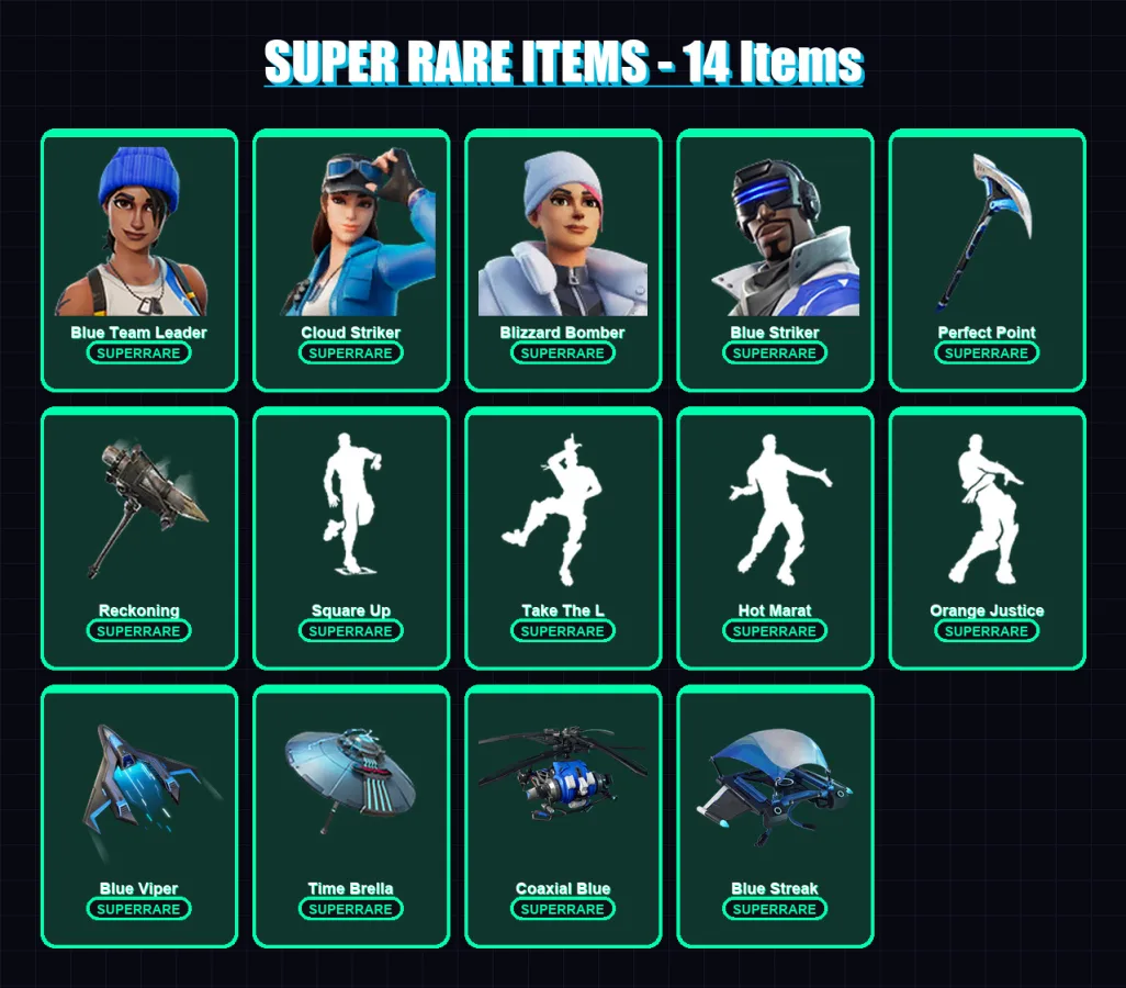 [PC] | Blue Team Leader | Cloud Striker | Blizzard Bomber | Blue Striker | Catalyst | 65 skin | 73 pickaxe | 58 emote | 65 glider | Lv633