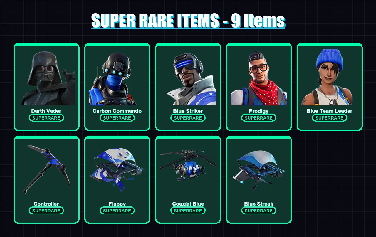 [PC] | Darth Vader | Carbon Commando | Blue Striker | Prodigy | Blue Team Leader | 143 skin | 155 pickaxe | 119 emote | 93 glider | Lv1373