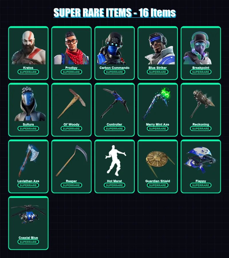 [PS4/PS5/XBOX/PC] | Kratos | Prodigy | Carbon Commando | Blue Striker | Breakpoint | 126 skin | 120 pickaxe | 127 emote | 109 glider | Lv1574