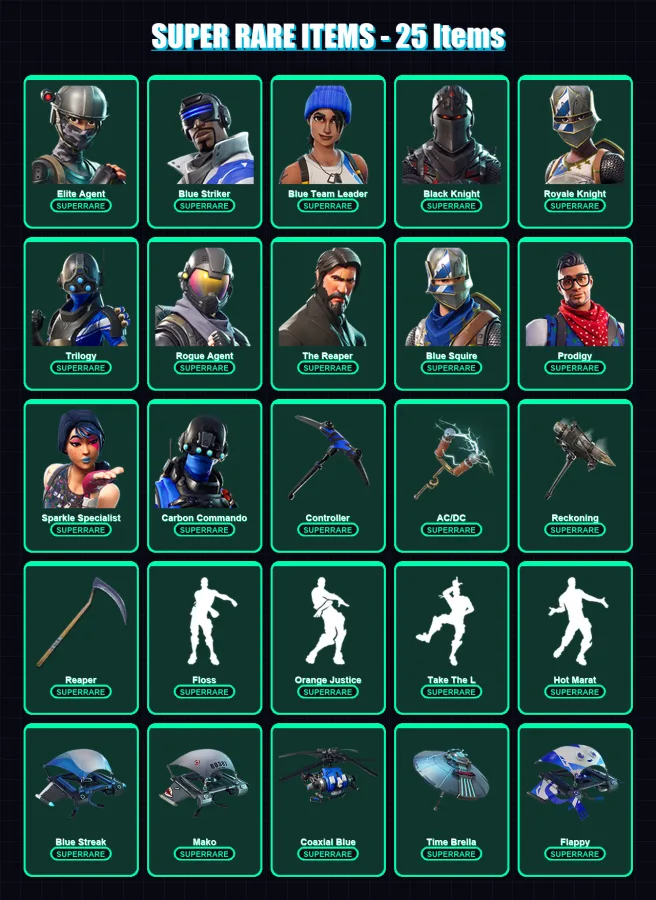 [PS4/PS5/XBOX/PC] | Elite Agent | Blue Striker | Blue Team Leader | Black Knight | Royale Knight | 53 skin | 54 pickaxe | 61 emote | 61 glider | Lv9