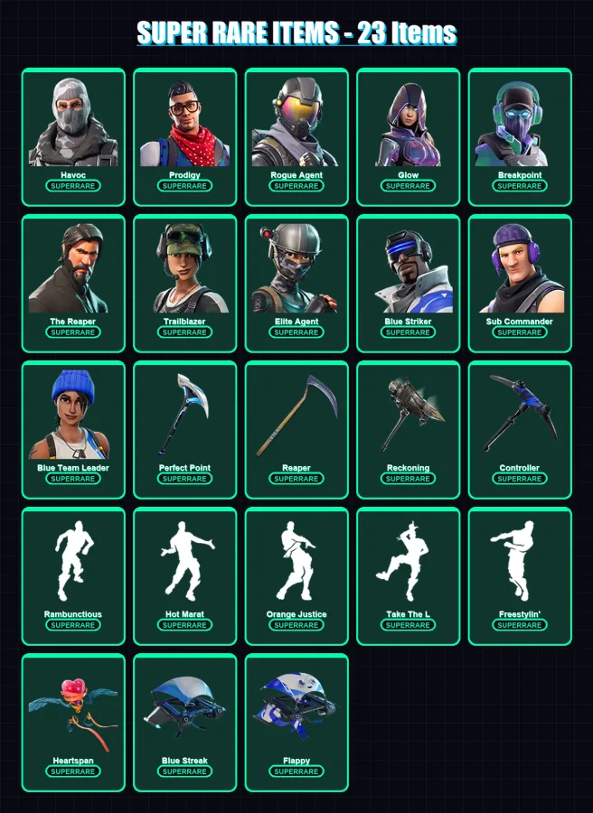 [PS4/PS5/XBOX/PC] | Havoc | Prodigy | Rogue Agent | Glow | Breakpoint | 108 skin | 73 pickaxe | 113 emote | 65 glider | Lv860