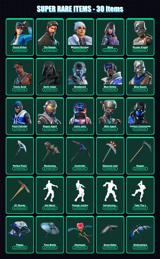 [PS4/PS5/XBOX/PC] | Cloud Striker | The Reaper | Blizzard Bomber | Glow | Royale Knight | 359 skin | 331 pickaxe | 296 emote | 255 glider | Lv3045