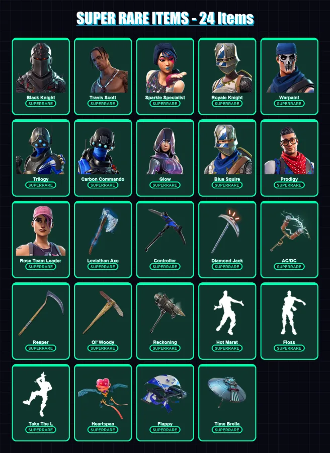 [PC/XBOX] | Black Knight | Travis Scott | Sparkle Specialist | Royale Knight | Warpaint | 193 skin | 224 pickaxe | 162 emote | 178 glider | Lv4086