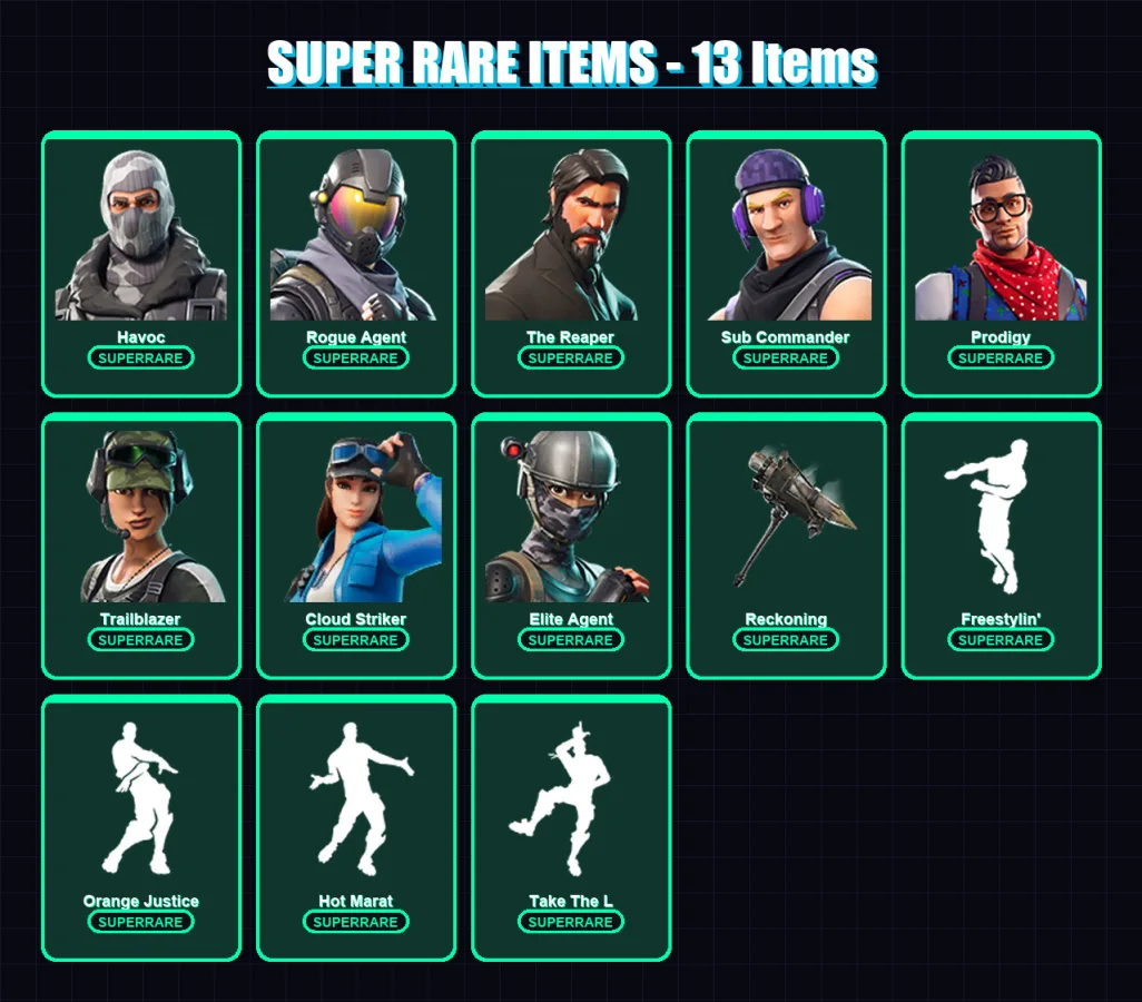 [PS4/PS5/XBOX/PC] | Havoc | Rogue Agent | The Reaper | Sub Commander | Prodigy | 55 skin | 40 pickaxe | 58 emote | 41 glider | Lv581