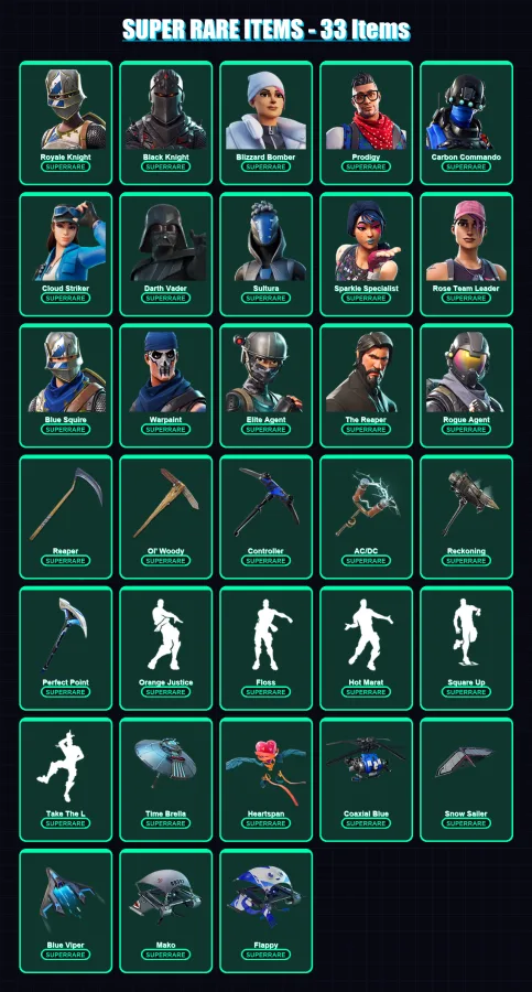 [PS4/PS5/PC] | Royale Knight | Black Knight | Blizzard Bomber | Prodigy | Carbon Commando | 316 skin | 278 pickaxe | 202 emote | 206 glider | Lv2591