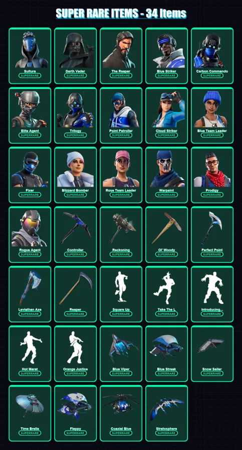 [PS4/PS5/XBOX/PC] | Sultura | Darth Vader | The Reaper | Blue Striker | Carbon Commando | 358 skin | 343 pickaxe | 276 emote | 269 glider | Lv3726