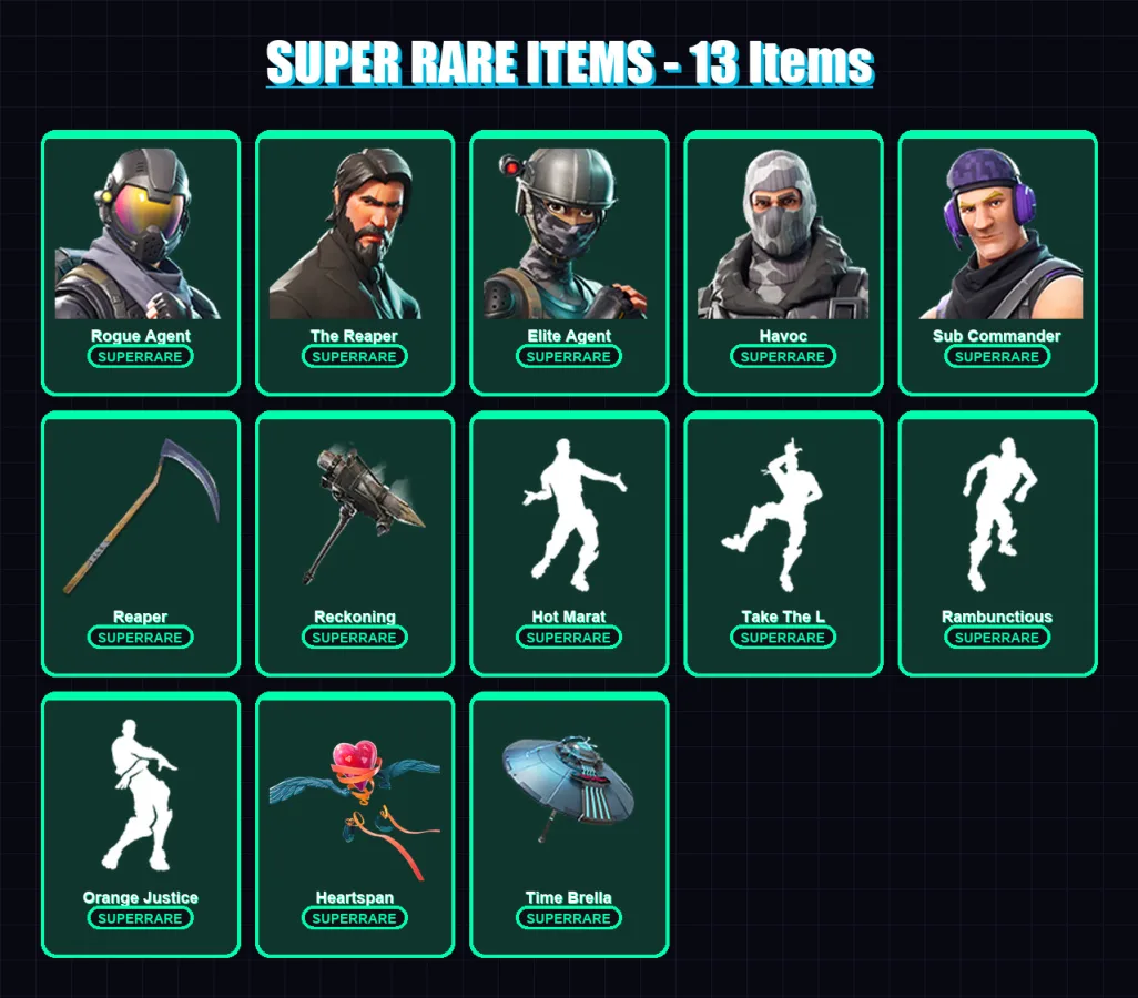 [PC/XBOX] | Rogue Agent | The Reaper | Elite Agent | Havoc | Sub Commander | 75 skin | 76 pickaxe | 73 emote | 68 glider | Lv1217