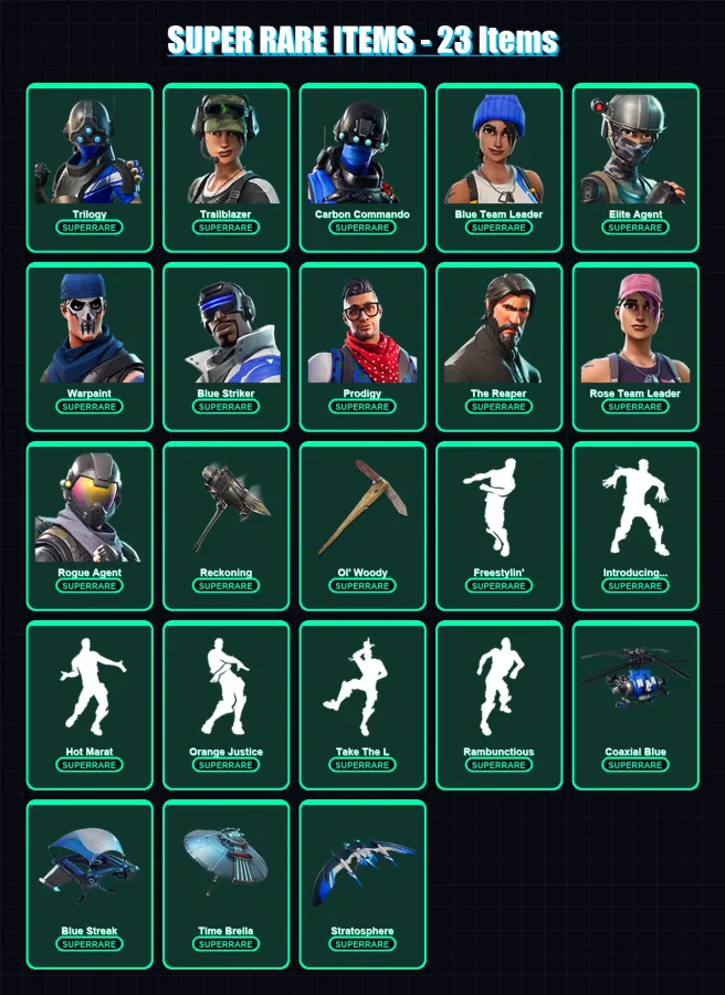 [PS4/PS5/XBOX/PC] | Trilogy | Trailblazer | Carbon Commando | Blue Team Leader | Elite Agent | 110 skin | 107 pickaxe | 116 emote | 93 glider | Lv11