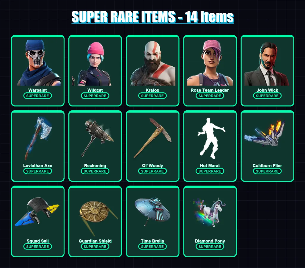 [PC] | Warpaint | Wildcat | Kratos | Rose Team Leader | John Wick | 358 skin | 370 pickaxe | 241 emote | 230 glider | Lv2613