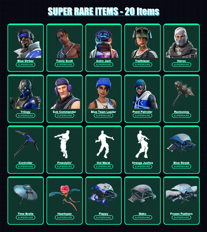 [PC/XBOX] | Blue Striker | Travis Scott | Astro Jack | Trailblazer | Havoc | 146 skin | 152 pickaxe | 135 emote | 148 glider | Lv1956