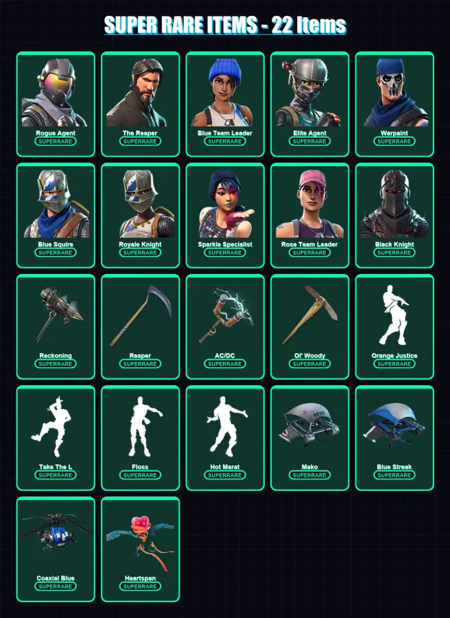 [PS4/PS5/XBOX/PC] | Rogue Agent | The Reaper | Blue Team Leader | Elite Agent | Warpaint | 116 skin | 73 pickaxe | 122 emote | 73 glider | Lv1293