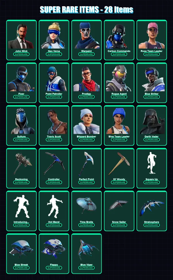 [PS4/PS5/XBOX/PC] | John Wick | Neo Versa | Warpaint | Carbon Commando | Rose Team Leader | 383 skin | 398 pickaxe | 353 emote | 316 glider | Lv6041