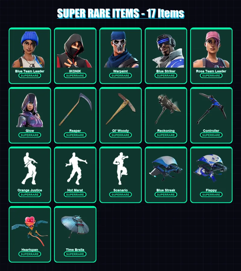 [PS4/PS5/XBOX/PC] | Blue Team Leader | IKONIK | Warpaint | Blue Striker | Rose Team Leader | 90 skin | 78 pickaxe | 77 emote | 85 glider | Lv1323