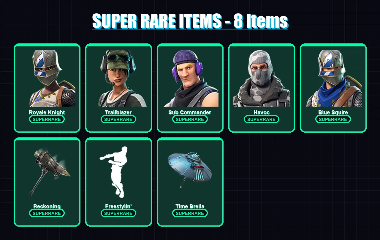 [PC] | Royale Knight | Trailblazer | Sub Commander | Havoc | Blue Squire | 61 skin | 63 pickaxe | 60 emote | 47 glider | Lv454 — Fortnite account