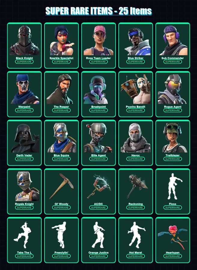 [PC] | Black Knight | Sparkle Specialist | Rose Team Leader | Blue Striker | Sub Commander | 319 skin | 247 pickaxe | 192 emote | 156 glider | Lv155 — Fortnite account
