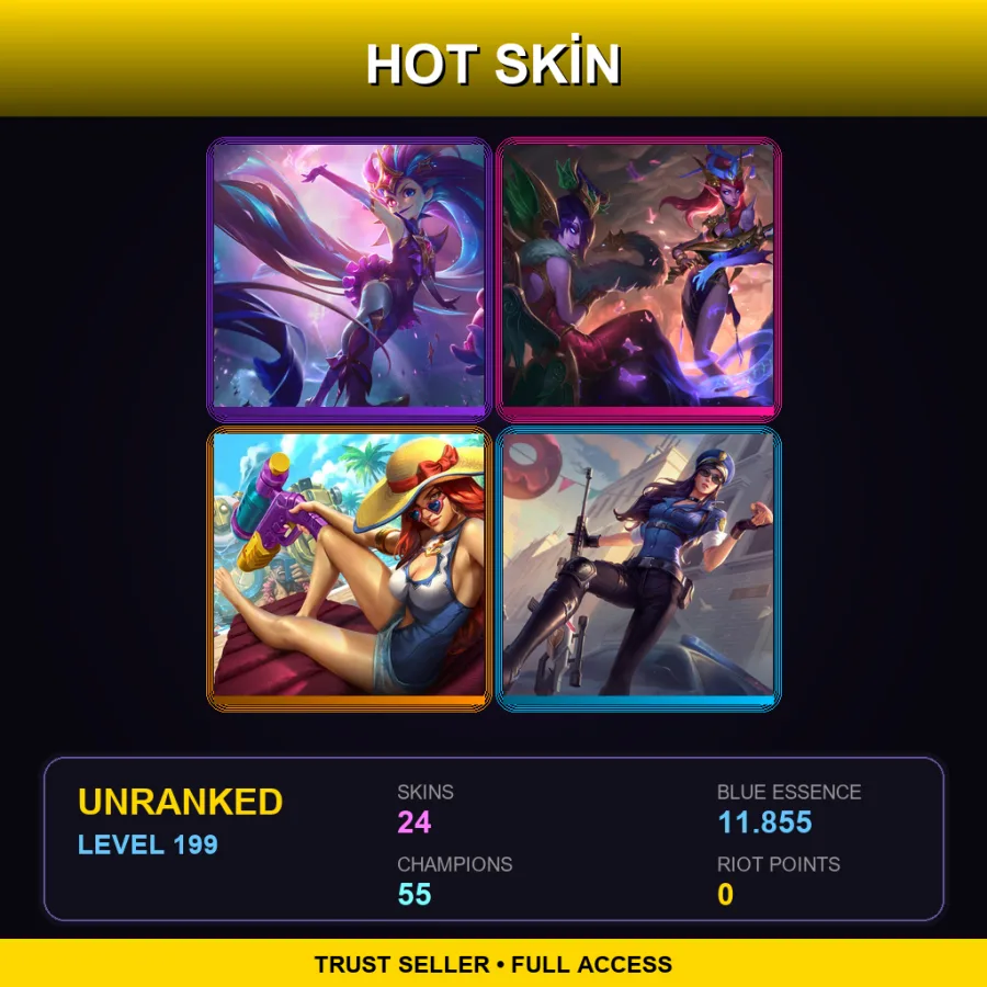 LAN | Star Guardian Zoe | Lunar Wraith Caitlyn | Pool Party Miss Fortune | Officer Caitlyn | 24 Skin | 55 Champ | Lv199