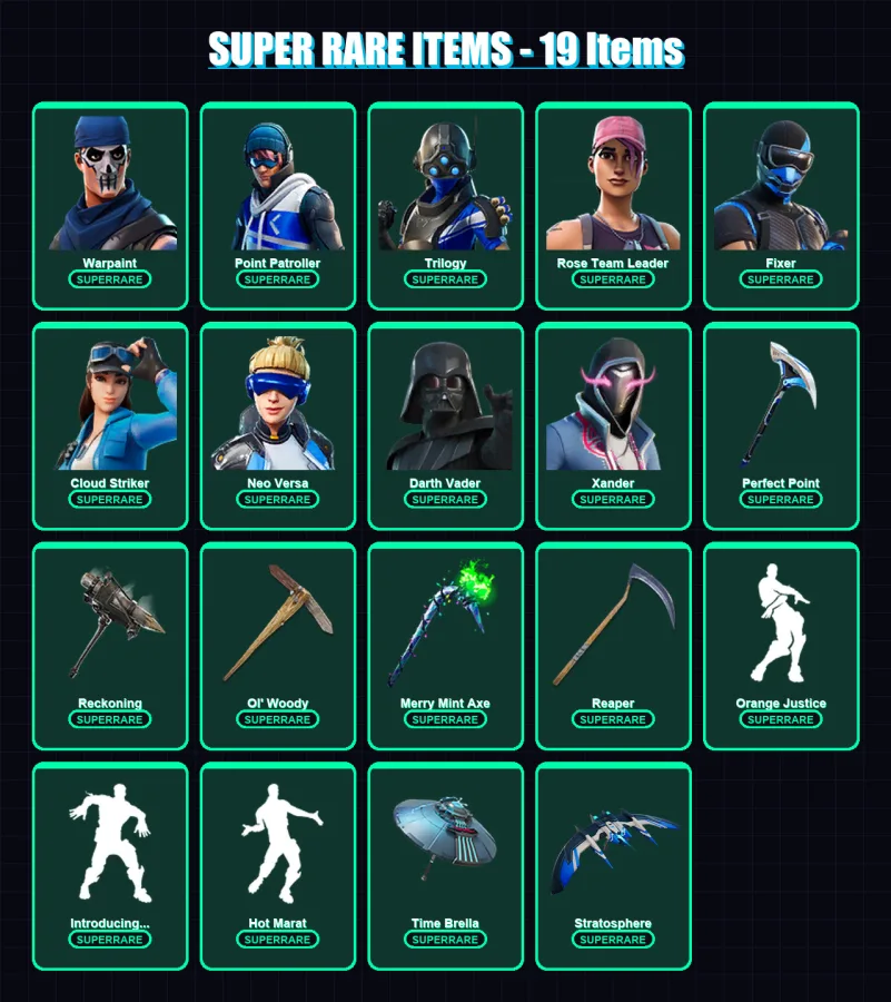 [PC/XBOX] | Warpaint | Point Patroller | Trilogy | Rose Team Leader | Fixer | 192 skin | 196 pickaxe | 177 emote | 162 glider | Lv2666
