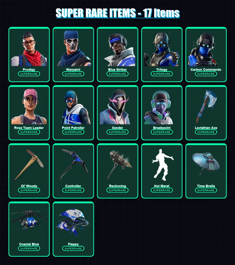 [PC/XBOX] | Prodigy | Warpaint | Blue Striker | Trilogy | Carbon Commando | 86 skin | 113 pickaxe | 99 emote | 108 glider | Lv1126 — Fortnite account