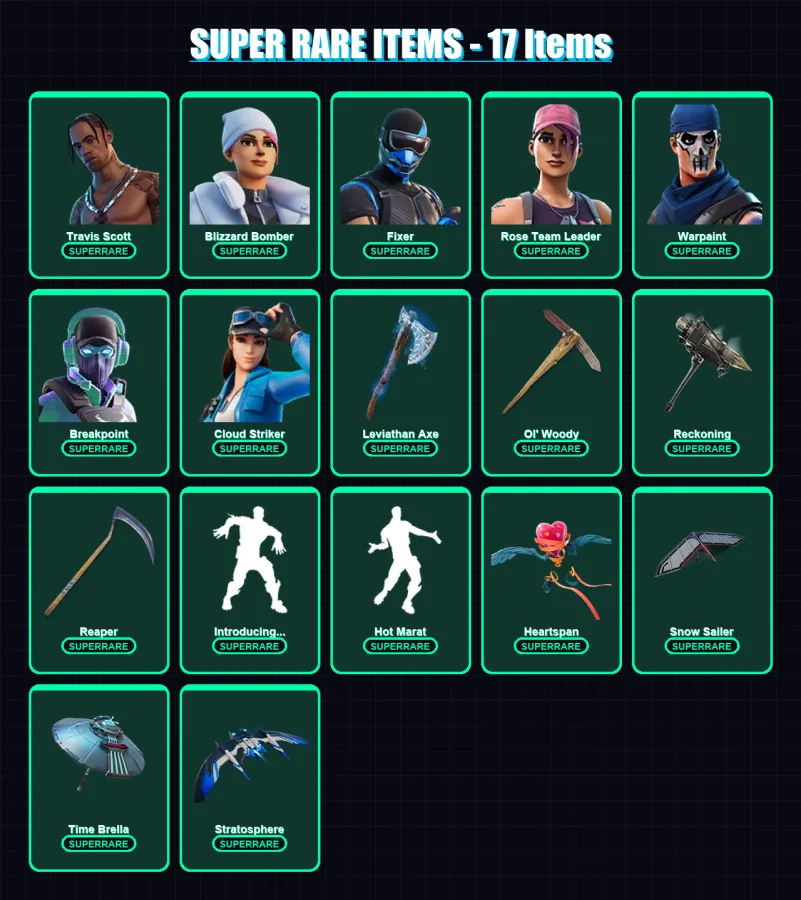 [PS4/PS5/XBOX/PC] | Travis Scott | Blizzard Bomber | Fixer | Rose Team Leader | Warpaint | 157 skin | 144 pickaxe | 139 emote | 125 glider | Lv1714 — Fortnite account
