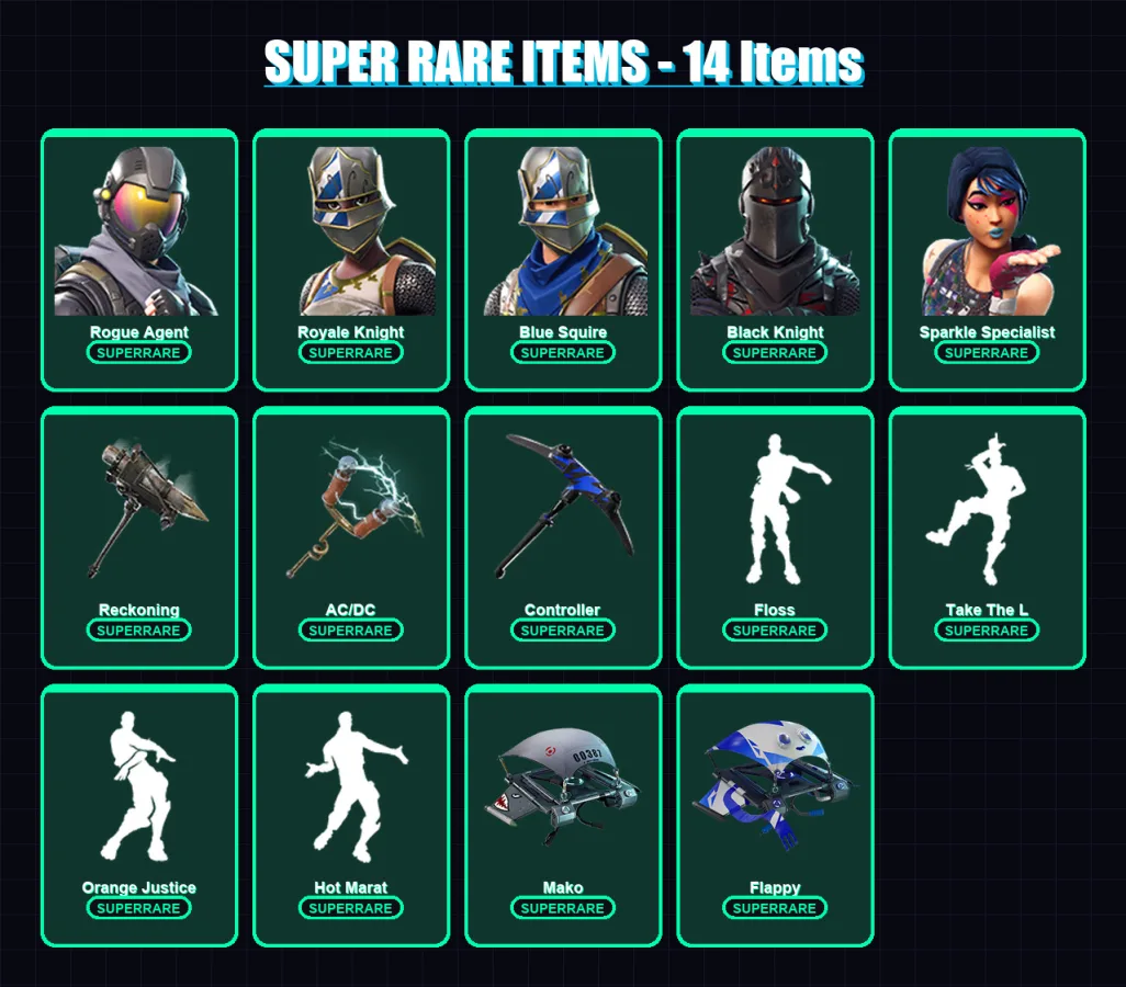 [PC/XBOX/PSN] | Rogue Agent | Royale Knight | Blue Squire | Black Knight | Sparkle Specialist | 49 skin | 29 pickaxe | 63 emote | 44 glider | Lv596