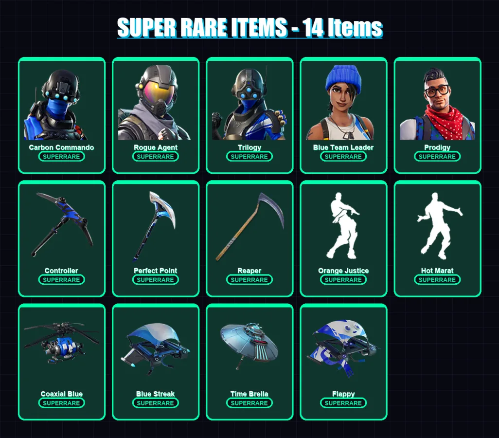 [PC/XBOX] | Carbon Commando | Rogue Agent | Trilogy | Blue Team Leader | Prodigy | 123 skin | 118 pickaxe | 99 emote | 122 glider | Lv1806 — Fortnite account