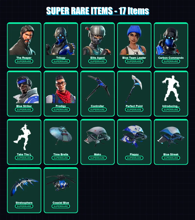 [PS4/PS5/XBOX/PC] | The Reaper | Trilogy | Elite Agent | Blue Team Leader | Carbon Commando | 69 skin | 80 pickaxe | 60 emote | 88 glider | Lv1188