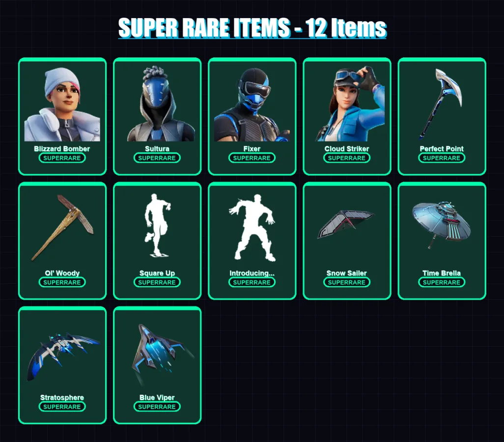 [PC] | Blizzard Bomber | Sultura | Fixer | Cloud Striker | Molten Valkyrie | 60 skin | 137 pickaxe | 101 emote | 114 glider | Lv1762