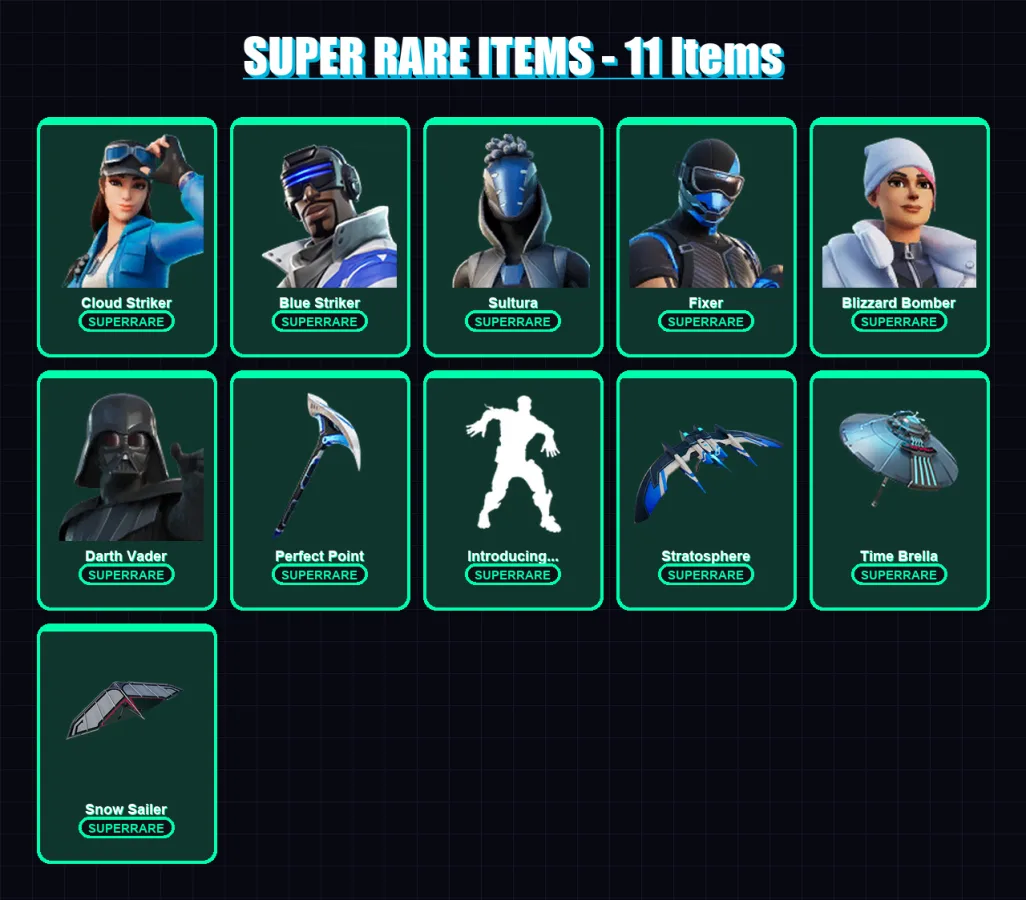 [PC] | Cloud Striker | Blue Striker | Sultura | Fixer | Blizzard Bomber | 185 skin | 245 pickaxe | 199 emote | 194 glider | Lv2837