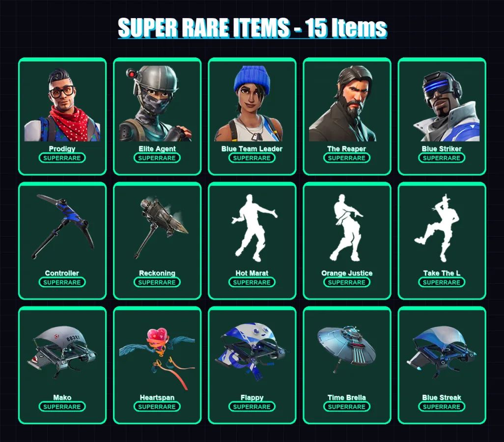 [PS4/PS5/XBOX/PC] | Prodigy | Elite Agent | Blue Team Leader | The Reaper | Blue Striker | 87 skin | 78 pickaxe | 95 emote | 85 glider | Lv1415 — Fortnite account