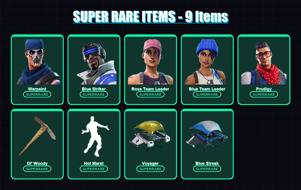 [PC/XBOX/PSN] | Warpaint | Blue Striker | Rose Team Leader | Blue Team Leader | Prodigy | 56 skin | 34 pickaxe | 43 emote | 40 glider | Lv289