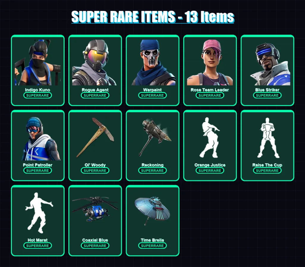 [PC/XBOX/PSN] | Indigo Kuno | Omega | Rogue Agent | Warpaint | Rose Team Leader | 116 skin | 184 pickaxe | 156 emote | 165 glider | Lv4701