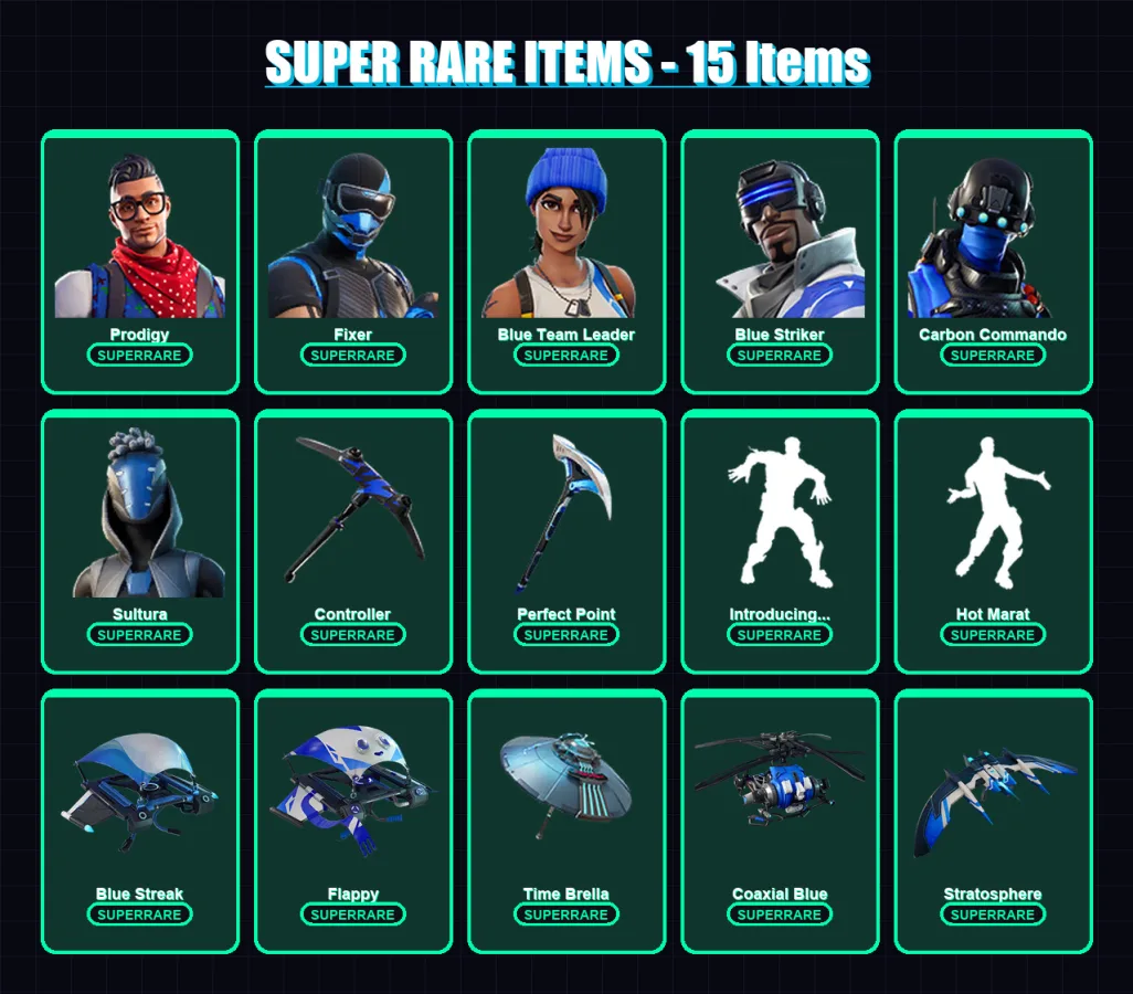 [PS4/PS5/XBOX/PC] | Prodigy | Fixer | Blue Team Leader | Blue Striker | Carbon Commando | 23 skin | 38 pickaxe | 46 emote | 38 glider | Lv507