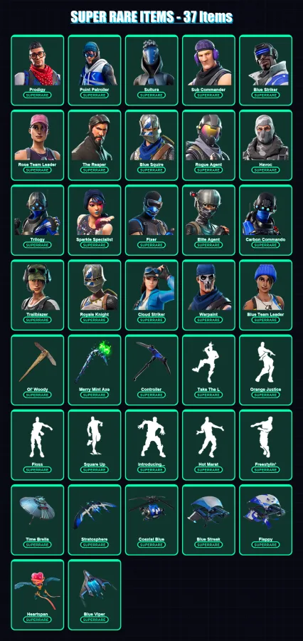 [PS4/PS5/XBOX/PC] | Prodigy | Point Patroller | Sultura | Sub Commander | Blue Striker | 109 skin | 84 pickaxe | 103 emote | 86 glider | Lv1136