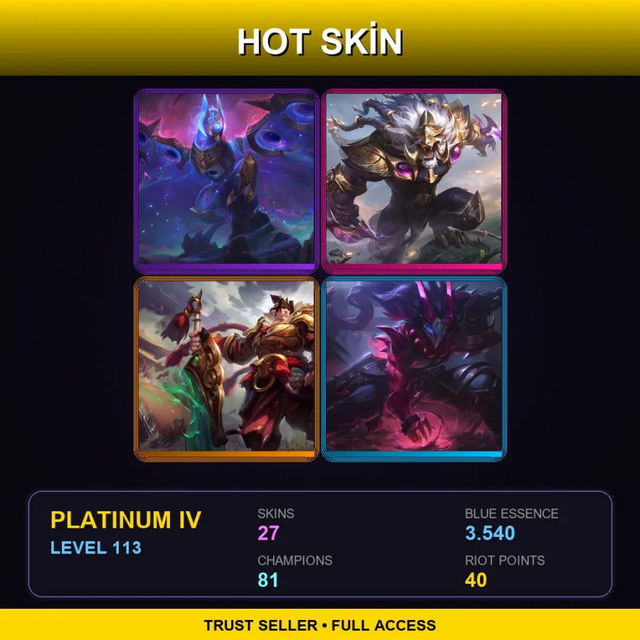 EUW | Cosmic Flight Anivia | Victorious Rengar | Warring Kingdoms Garen | Blood Moon Tryndamere | 27 Skin | 81 Champ | Platinum IV | Lv113