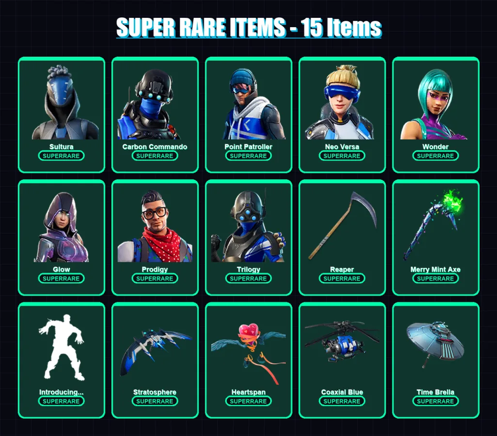 [PC/XBOX] | Sultura | Carbon Commando | Point Patroller | Neo Versa | Wonder | 114 skin | 153 pickaxe | 116 emote | 138 glider | Lv2014
