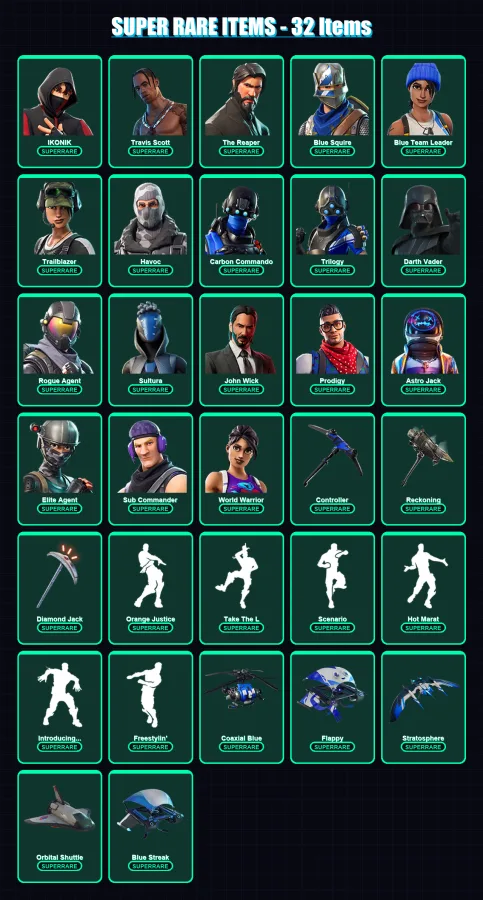 [PS4/PS5/XBOX/PC] | IKONIK | Travis Scott | The Reaper | Blue Squire | Blue Team Leader | 138 skin | 111 pickaxe | 132 emote | 105 glider | Lv1026
