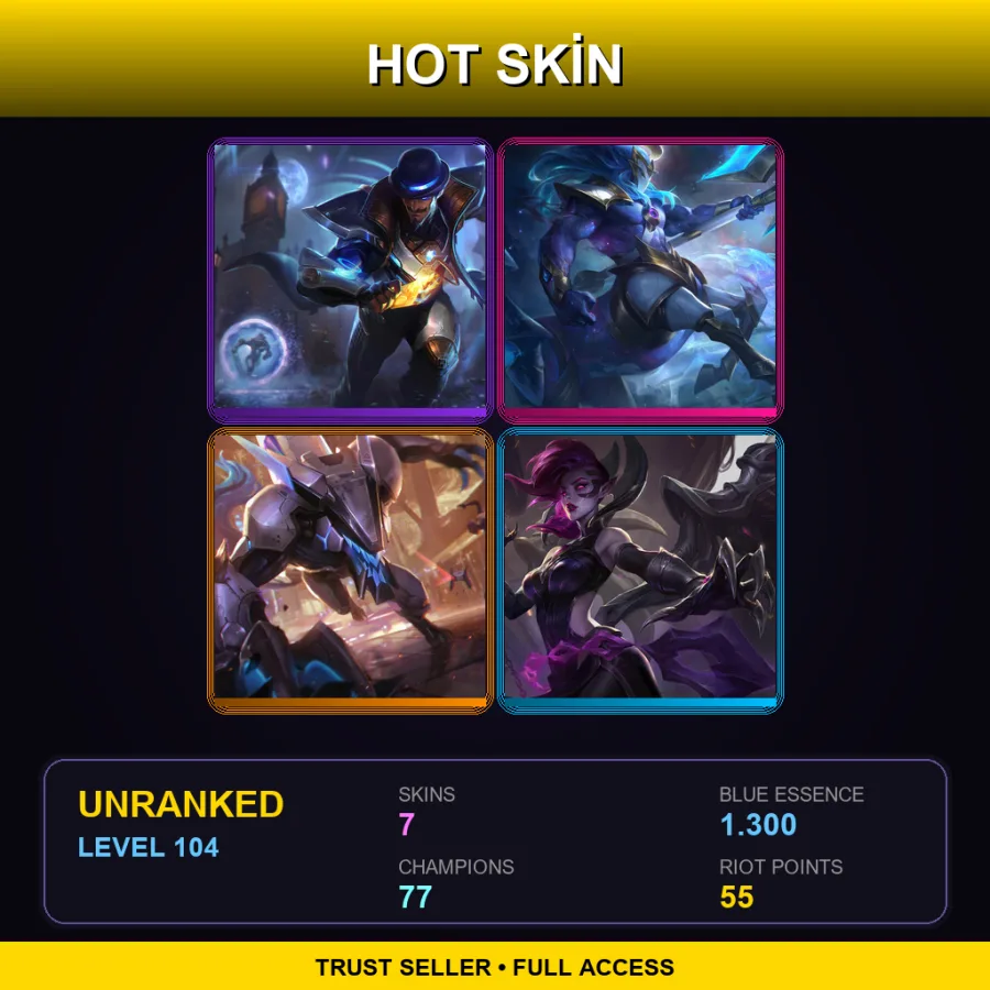 NA | Lv104 | Unranked | 7 Skin | 77 Champ — LoL account