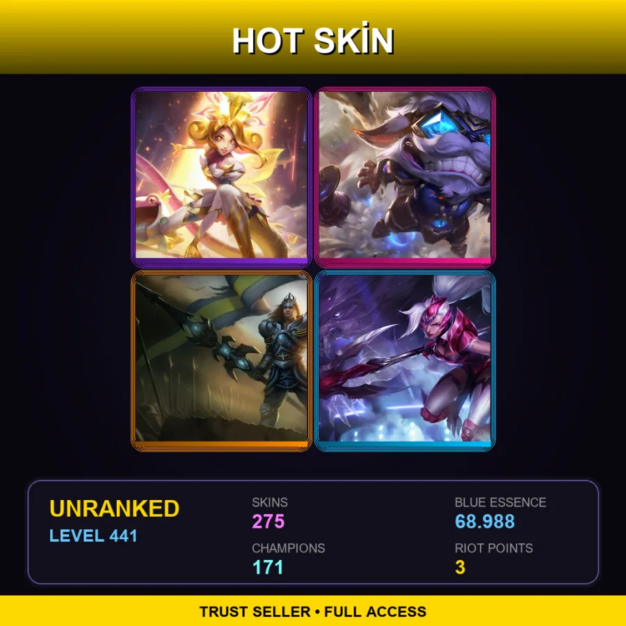 TW | Prestige Star Guardian Neeko | Hextech Ziggs | Victorious Jarvan IV | Challenger Nidalee | 275 Skin | 171 Champ | Lv441