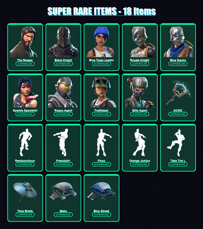 [PC/XBOX/PSN] | The Reaper | Black Knight | Blue Team Leader | Royale Knight | Blue Squire | 58 skin | 42 pickaxe | 57 emote | 48 glider | Lv595