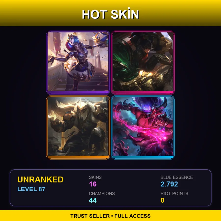 SG | Lv87 | Unranked | 16 Skin | 44 Champ — LoL account