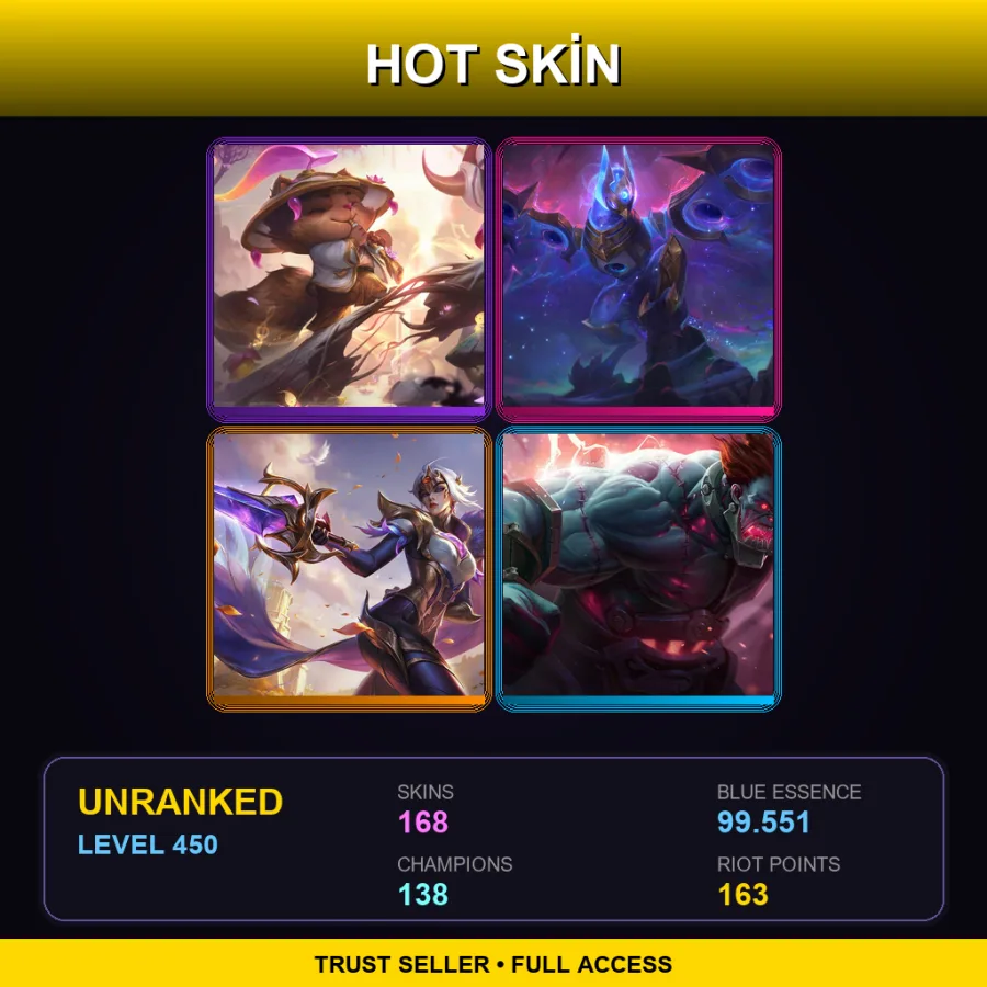 NA | Lv450 | Unranked | 168 Skin | 138 Champ — LoL account