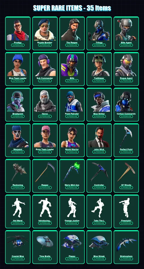 [PS4/PS5/XBOX/PC] | Prodigy | Royale Bomber | The Reaper | Trilogy | Elite Agent | 171 skin | 131 pickaxe | 141 emote | 132 glider | Lv1715