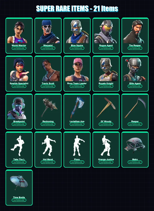 [PS4/PS5/XBOX/PC] | World Warrior | Warpaint | Blue Squire | Rogue Agent | The Reaper | 113 skin | 79 pickaxe | 82 emote | 75 glider | Lv1002
