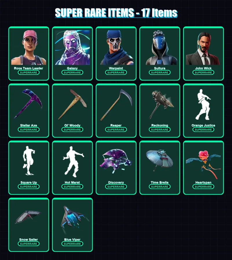 [PS4/PS5/XBOX/PC] | Rose Team Leader | Galaxy | Warpaint | Sultura | John Wick | 138 skin | 188 pickaxe | 142 emote | 154 glider | Lv1673