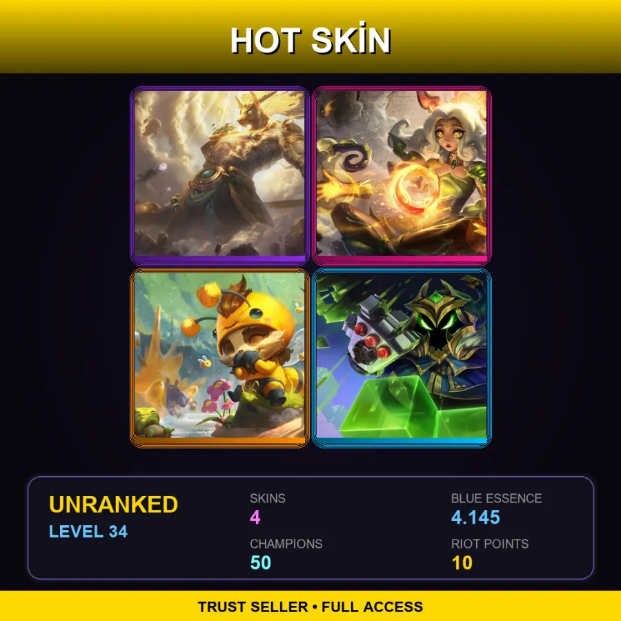 SG | Lv34 | Unranked | 4 Skin | 50 Champ — LoL account